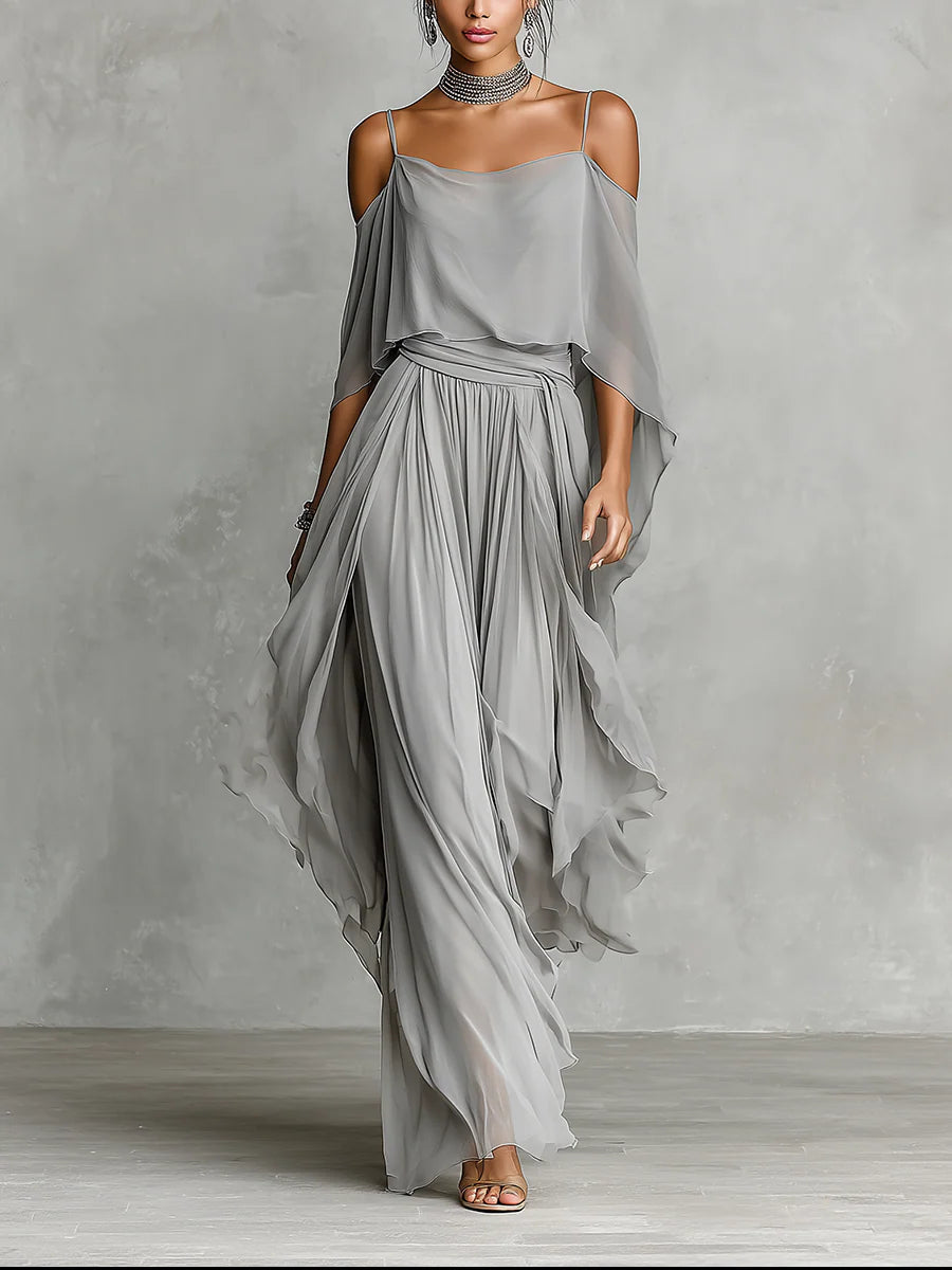 ISABELLA™ | Off-Shoulder Top and Chiffon Trousers Set in Grey