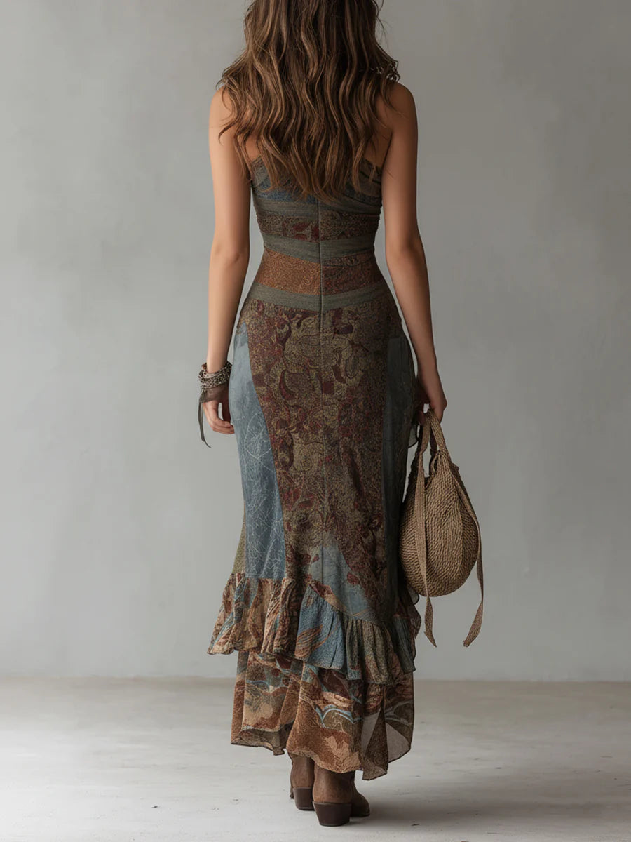ELENA™ | One-Shoulder Ethnic Print Maxi Dress with High Slit