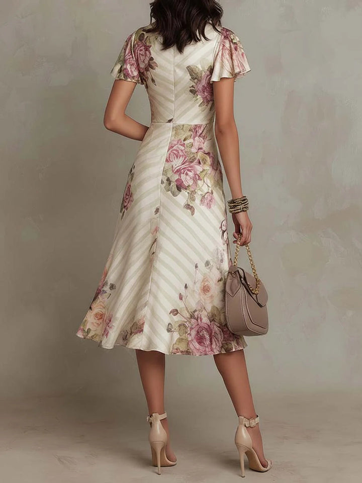 ALBA™ | Elegant Retro Floral Satin Midi Dress