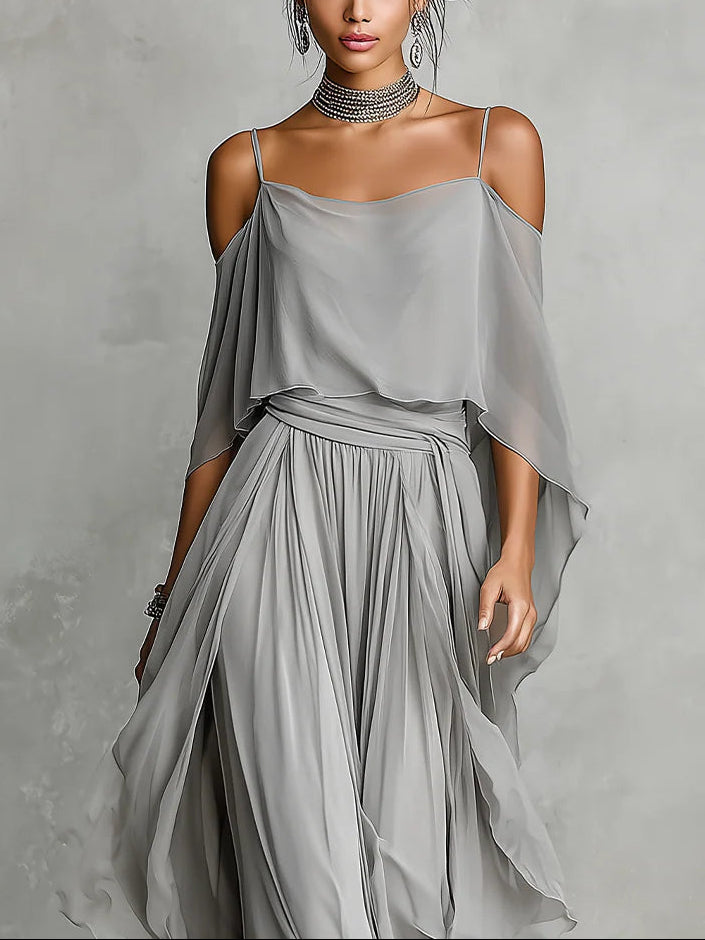 ISABELLA™ | Off-Shoulder Top and Chiffon Trousers Set in Grey