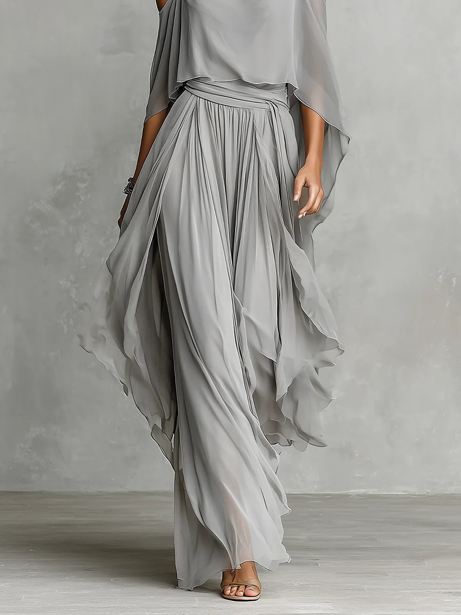 ISABELLA™ | Off-Shoulder Top and Chiffon Trousers Set in Grey