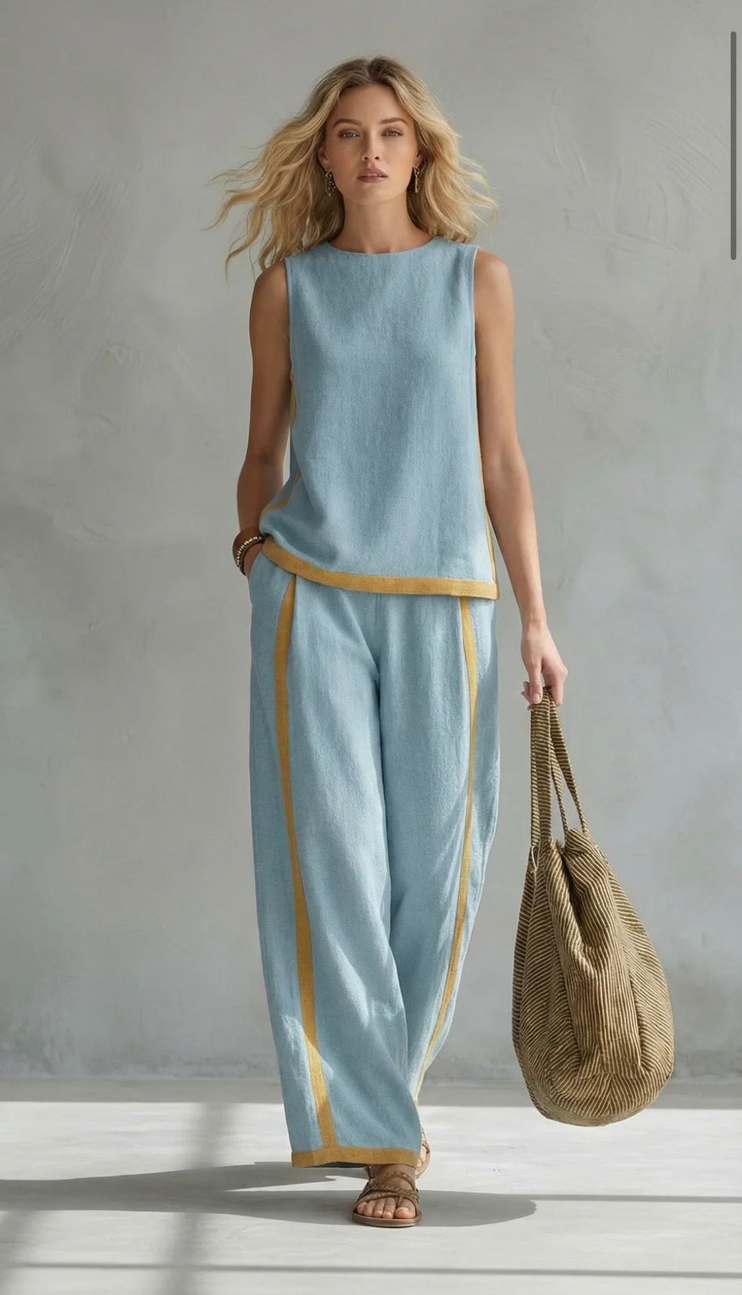 Leila | Elegant Two-Tone Vest & Linen Trouser Set