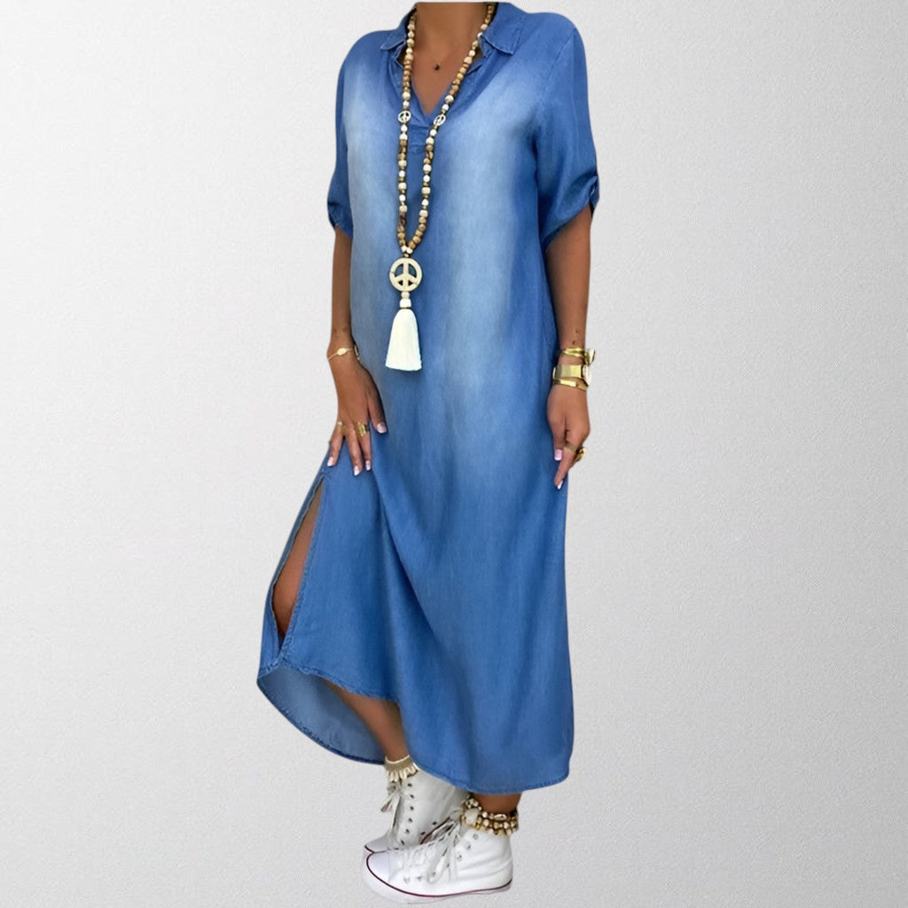 Olivia - Long dress in denim look with side slit