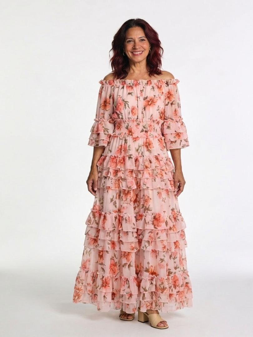 rosalie cream floral tiered dress Ivory Midi Casual Summer Dress with Floral Print Ivory Floral / Small