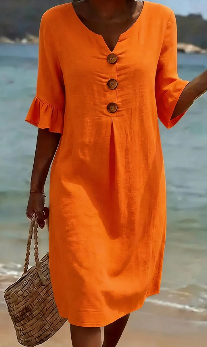 Vanesa | Linen Textured Dress with Puff Sleeves