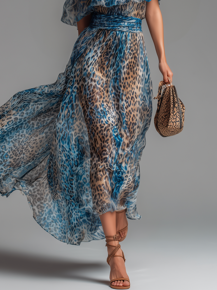 ZARINA™ | Long Leopard Print Chiffon Dress with Off-Shoulder Design