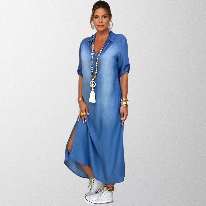 Olivia - Long dress in denim look with side slit