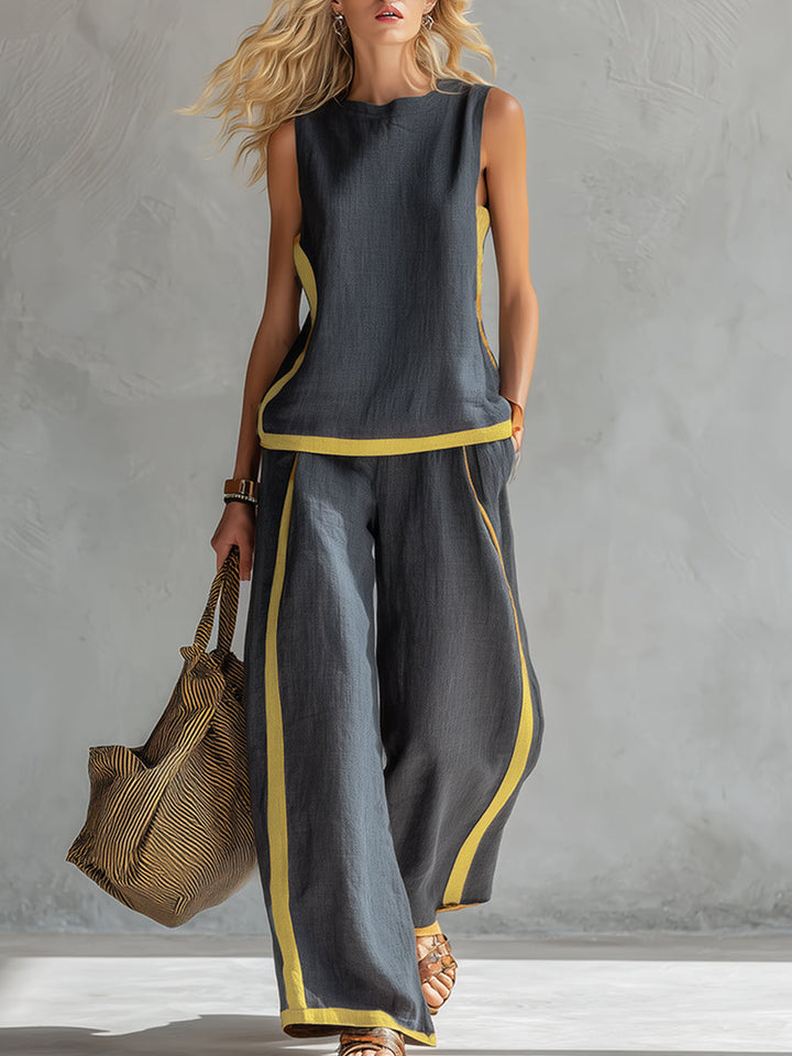 Leila | Elegant Two-Tone Vest & Linen Trouser Set