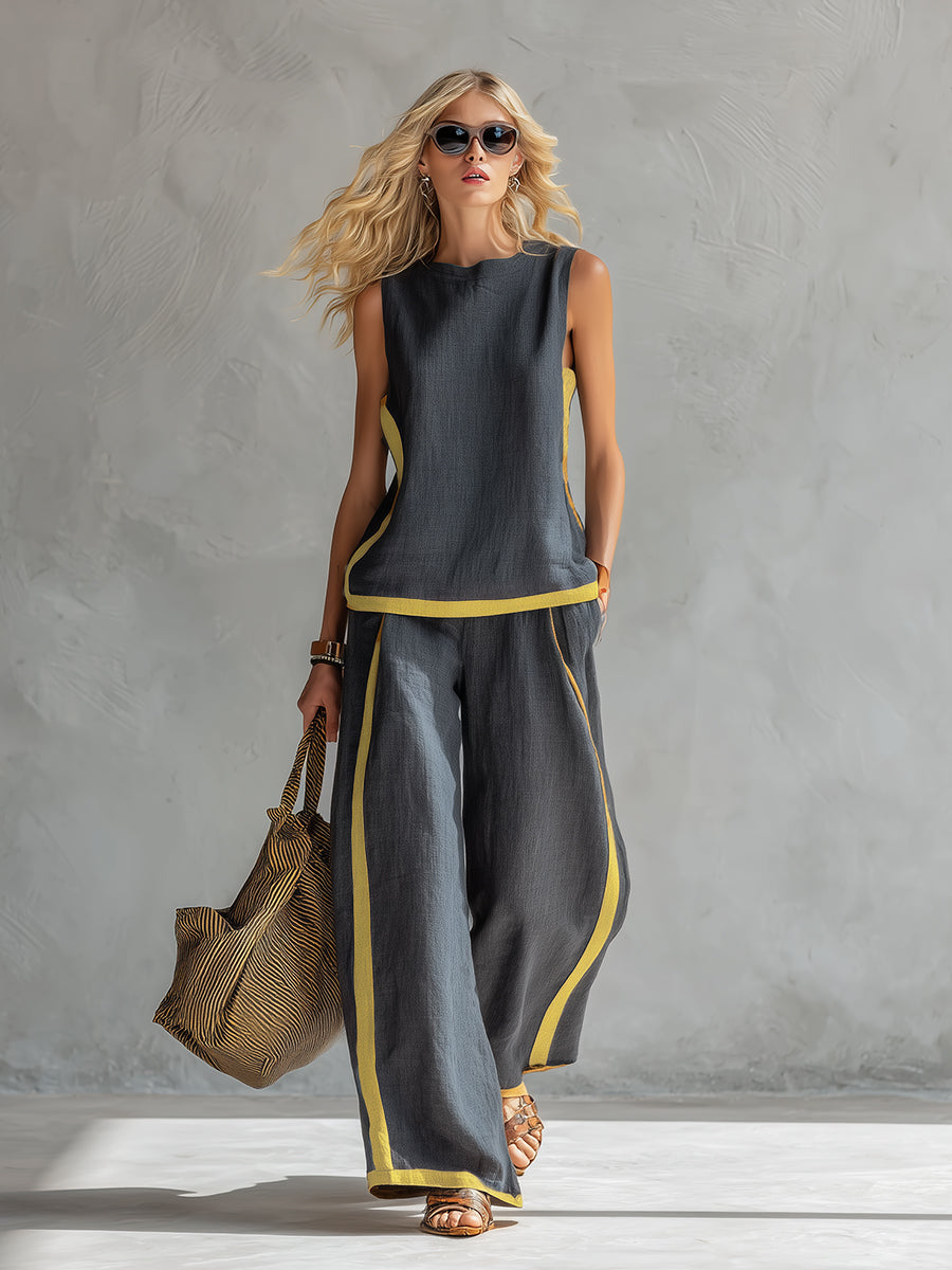 Leila | Elegant Two-Tone Vest & Linen Trouser Set