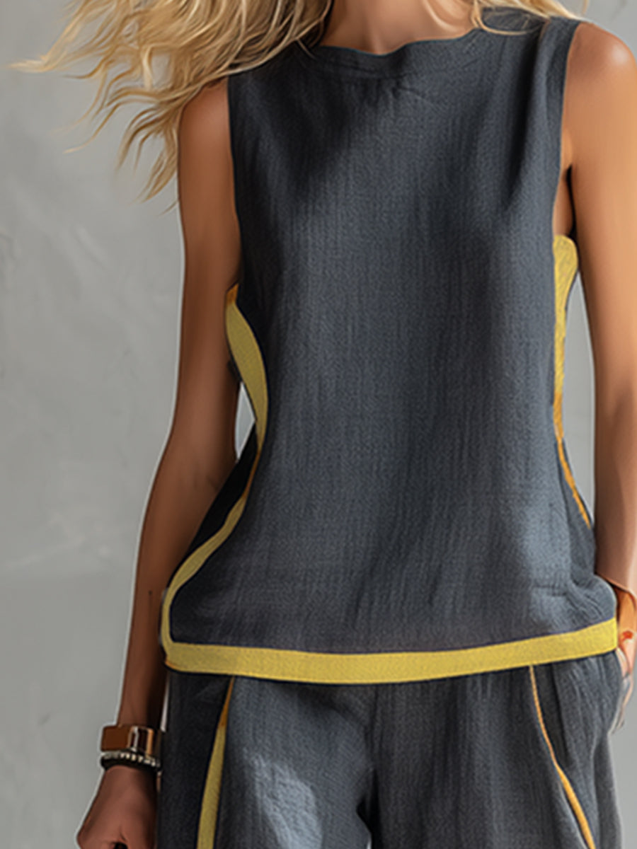Leila | Elegant Two-Tone Vest & Linen Trouser Set