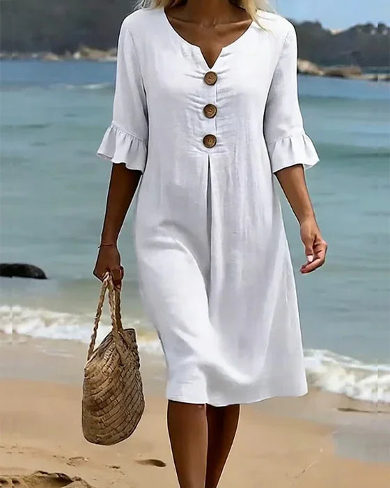 Vanesa | Linen Textured Dress with Puff Sleeves