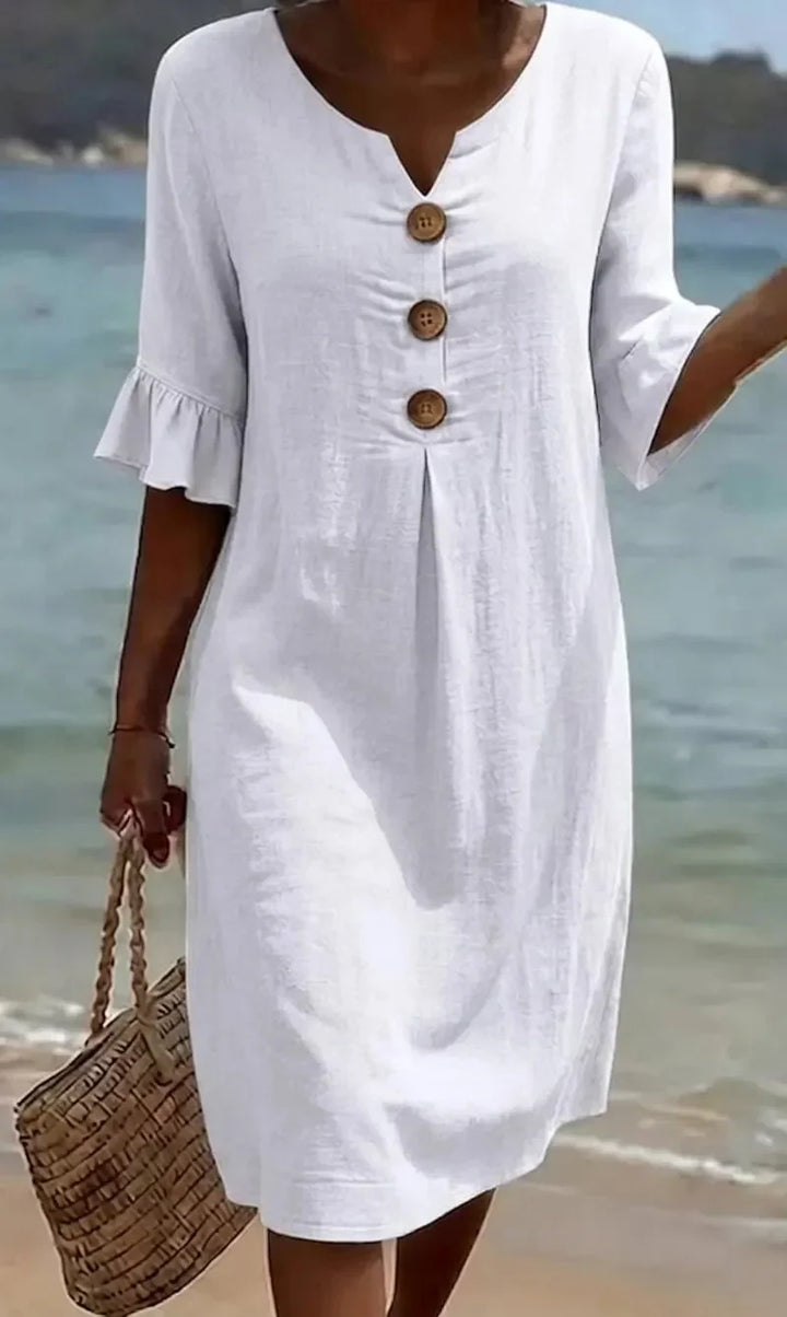 Vanesa | Linen Textured Dress with Puff Sleeves