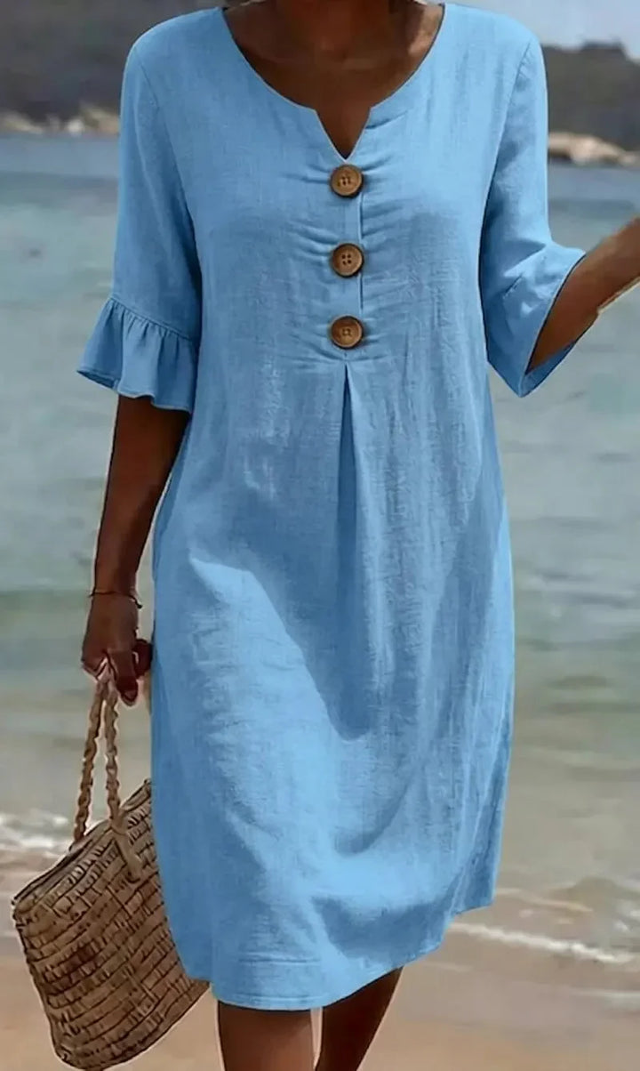 Vanesa | Linen Textured Dress with Puff Sleeves