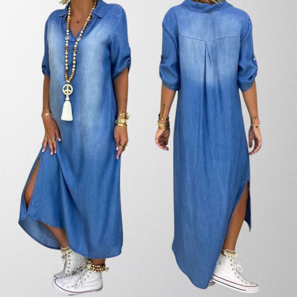 Olivia - Long dress in denim look with side slit