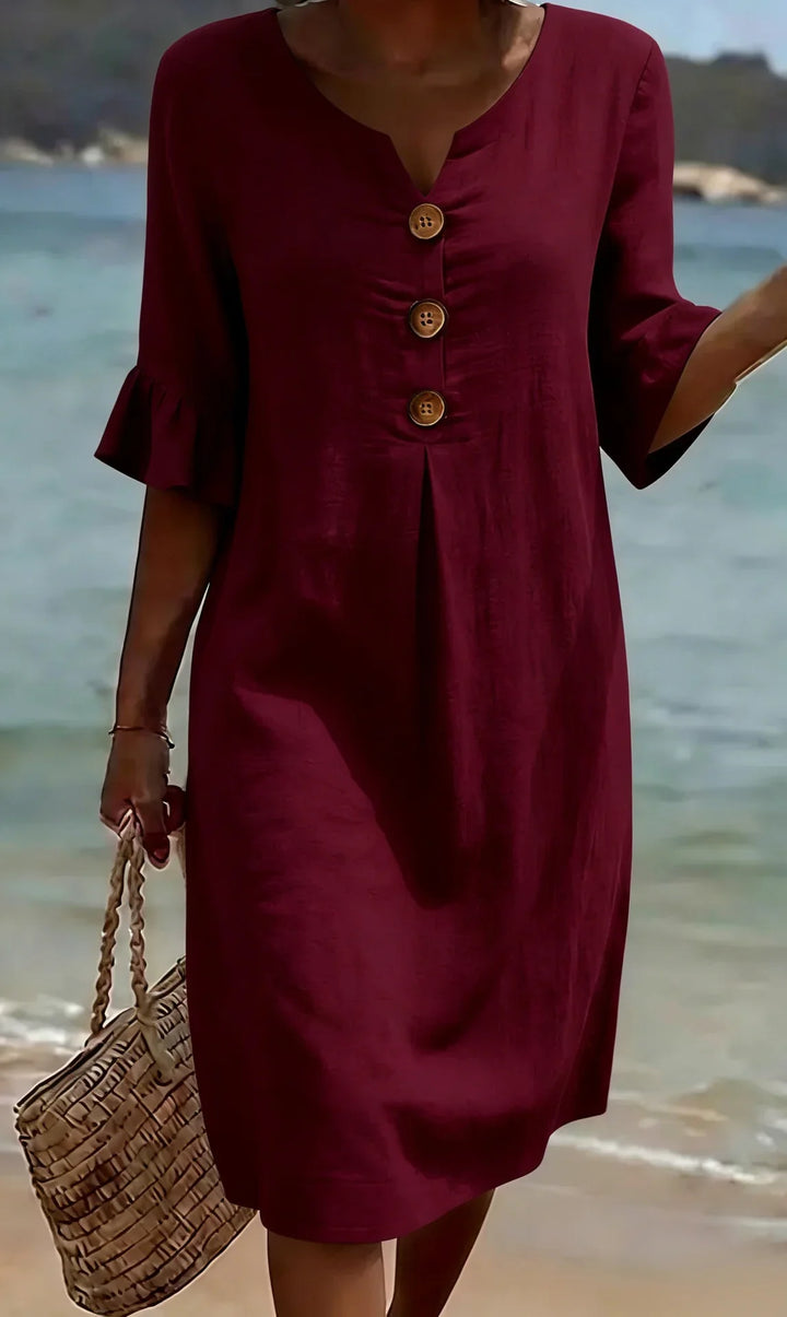 Vanesa | Linen Textured Dress with Puff Sleeves