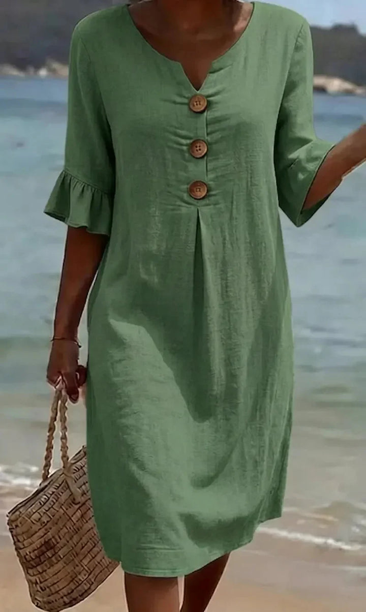 Vanesa | Linen Textured Dress with Puff Sleeves