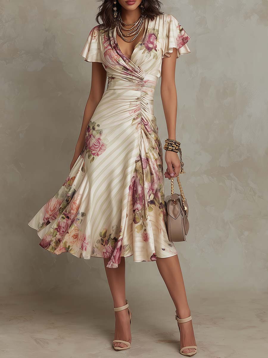 ALBA™ | Elegant Retro Floral Satin Midi Dress