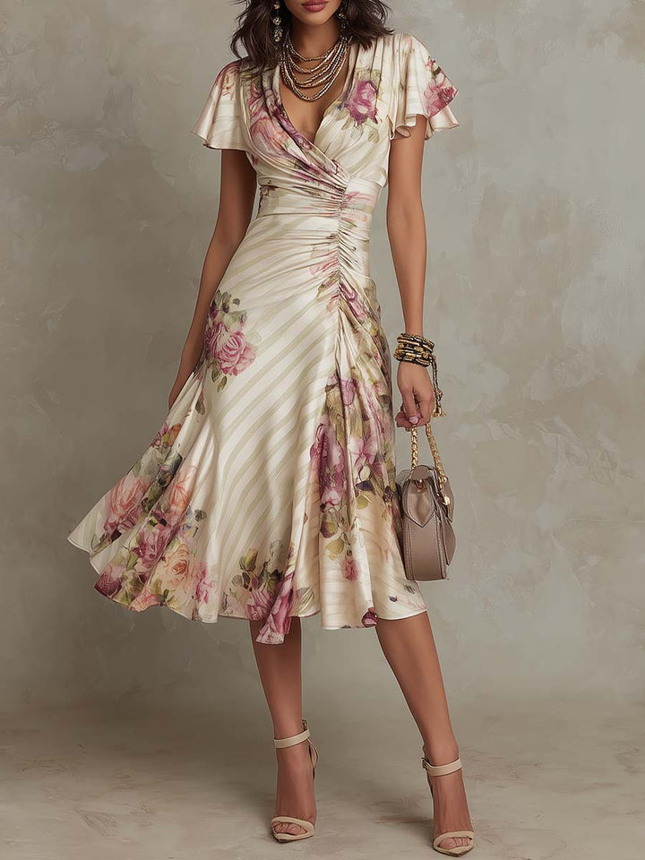 ALBA™ | Elegant Retro Floral Satin Midi Dress