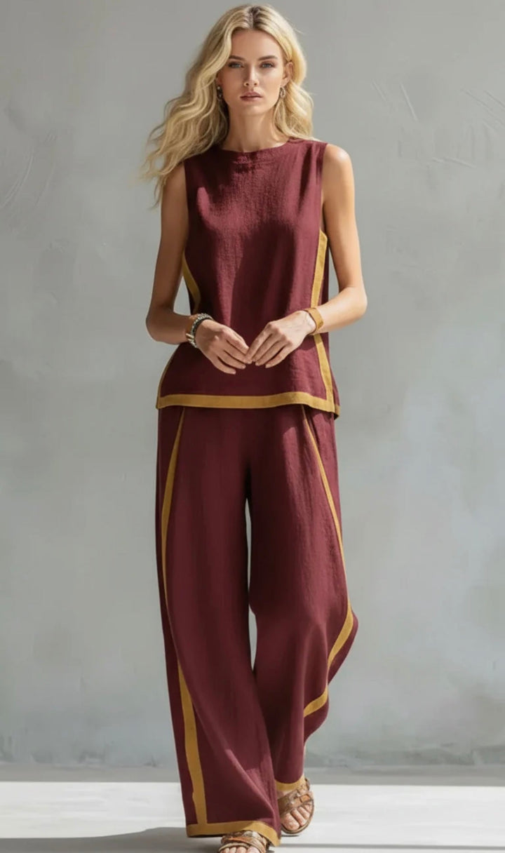 Leila | Elegant Two-Tone Vest & Linen Trouser Set