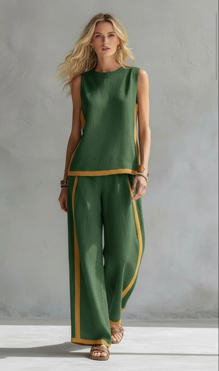 Leila | Elegant Two-Tone Vest & Linen Trouser Set