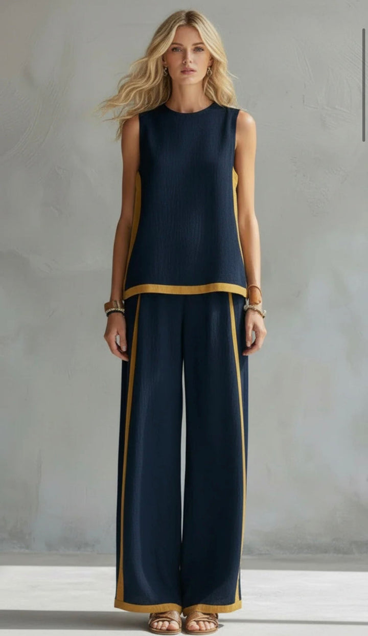 Leila | Elegant Two-Tone Vest & Linen Trouser Set