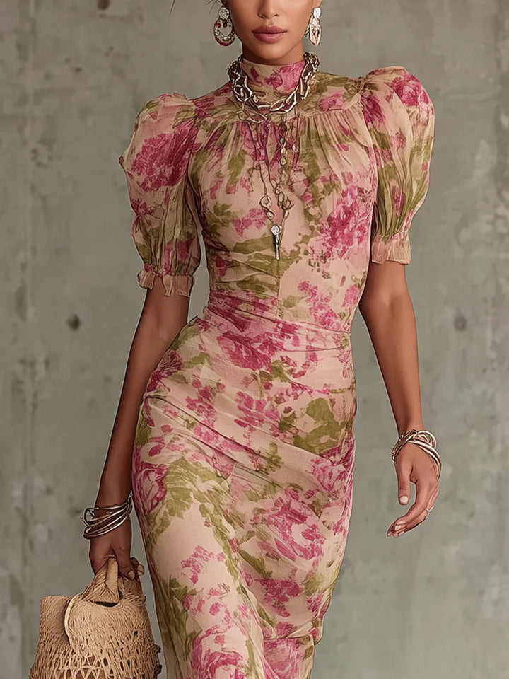 FIORA™ | Long Dress with Vintage Rose Print and Puff Sleeves