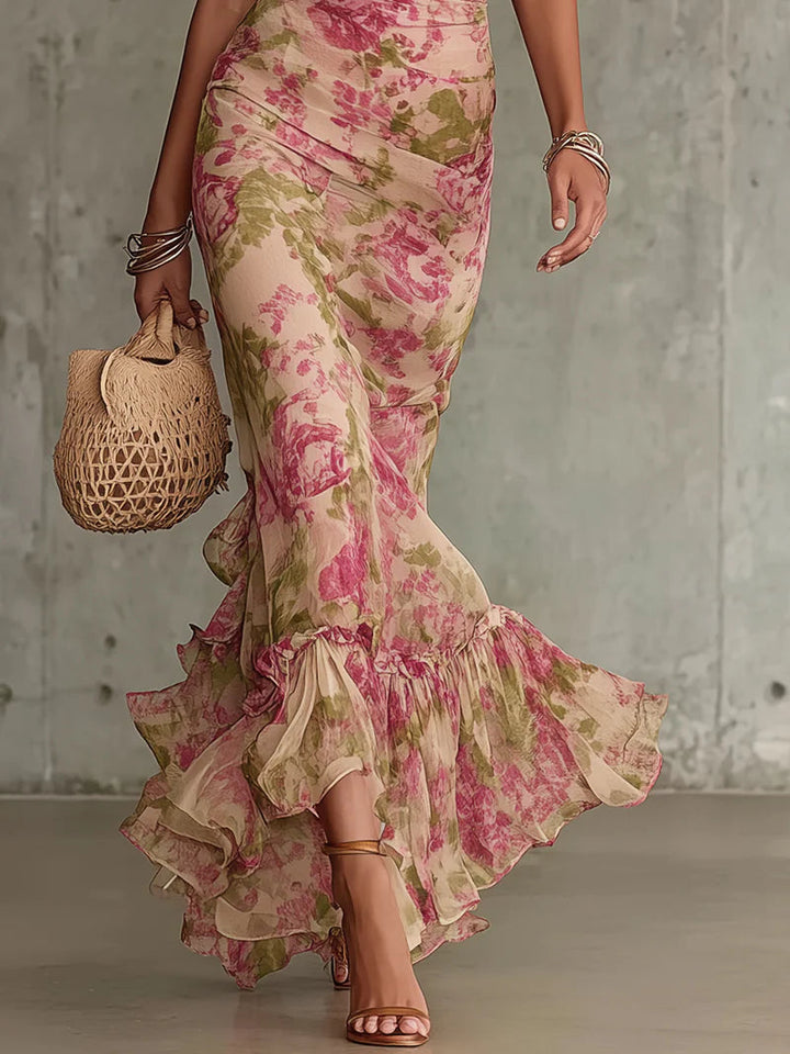 FIORA™ | Long Dress with Vintage Rose Print and Puff Sleeves