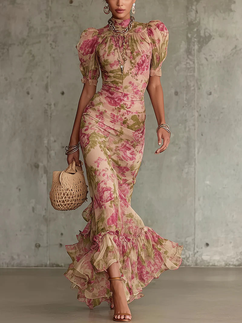 FIORA™ | Long Dress with Vintage Rose Print and Puff Sleeves