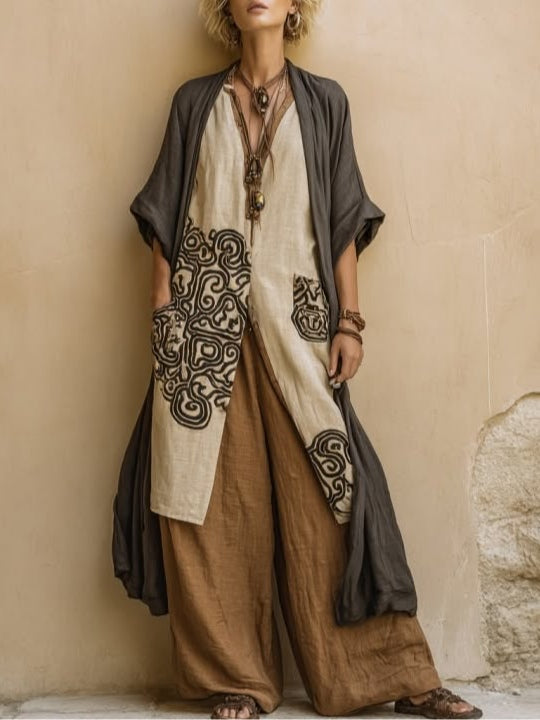 GIULIA™ | Three-Piece Bohemian Nomad Set with Tribal Pattern in Dark Grey and Brown