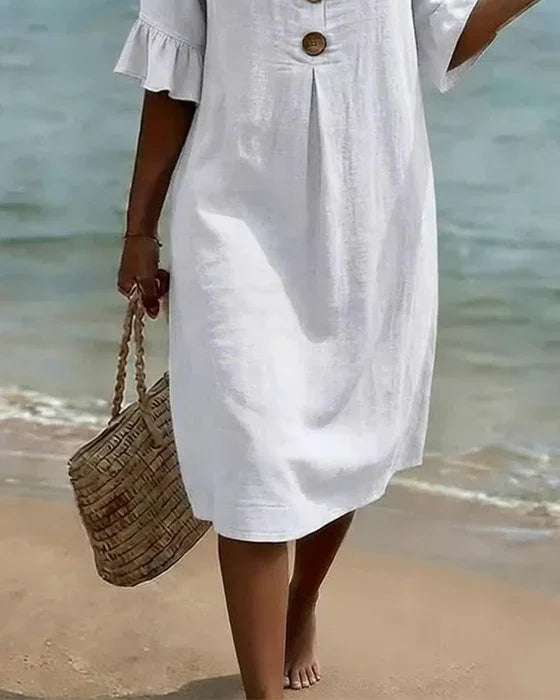 Vanesa | Linen Textured Dress with Puff Sleeves
