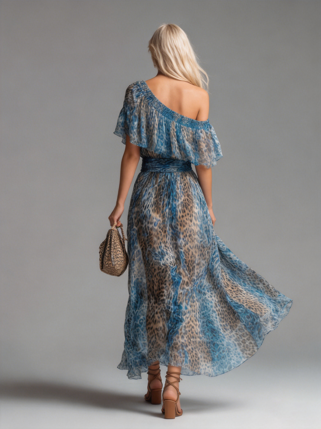 ZARINA™ | Long Leopard Print Chiffon Dress with Off-Shoulder Design