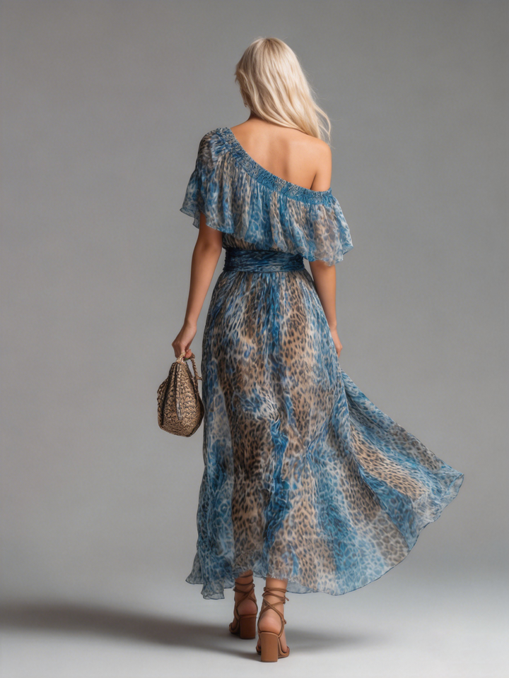 ZARINA™ | Long Leopard Print Chiffon Dress with Off-Shoulder Design