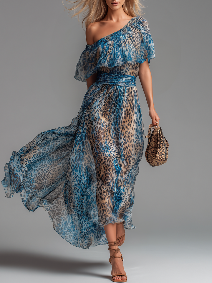 ZARINA™ | Long Leopard Print Chiffon Dress with Off-Shoulder Design
