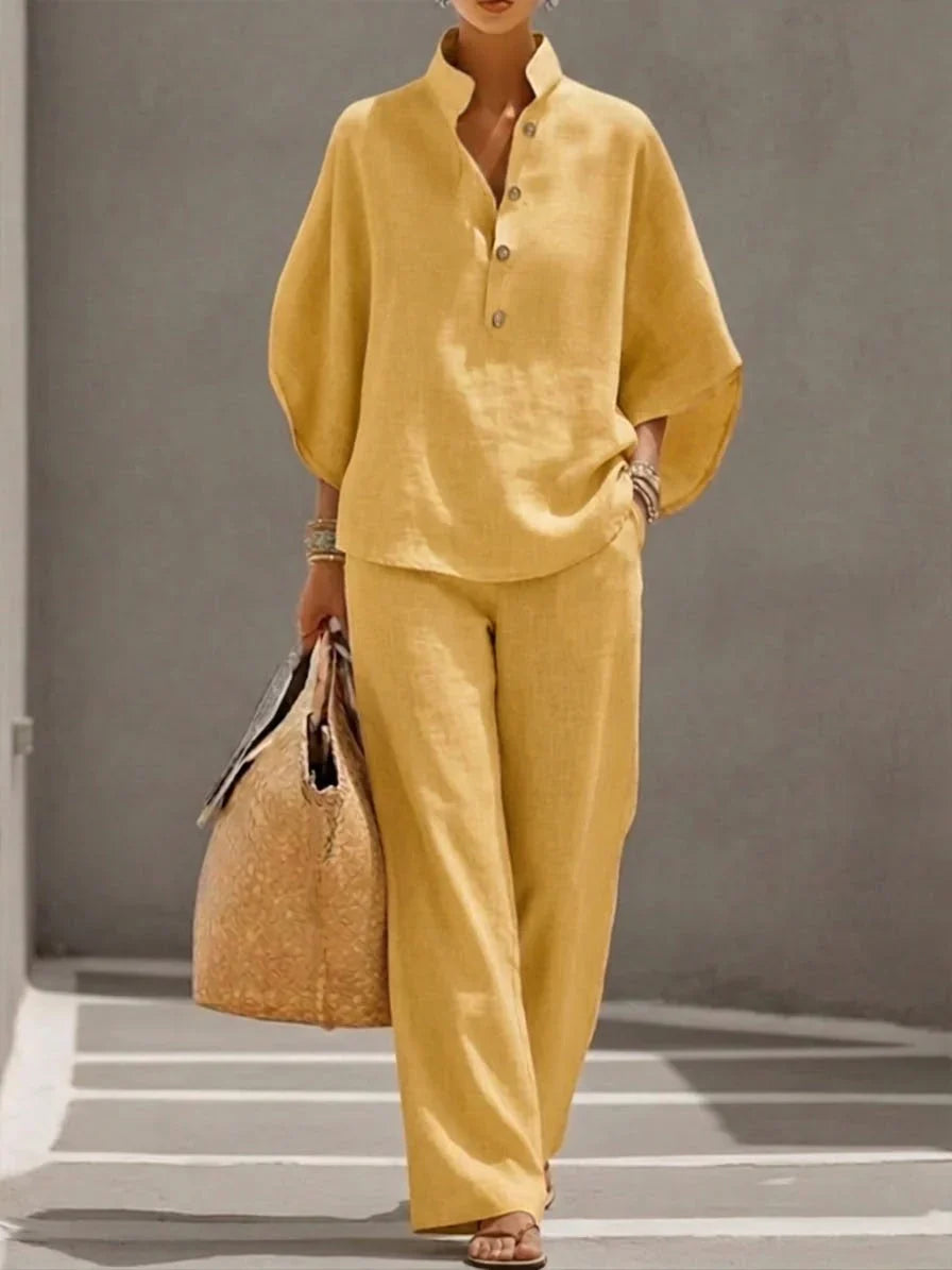 Maribel | Linen Batwing Sleeve & Wide-Leg Set