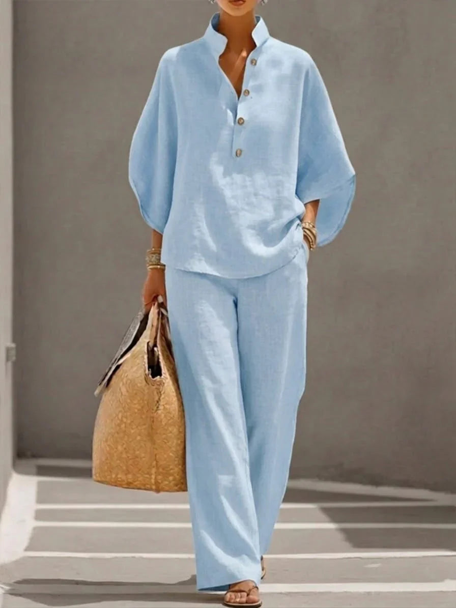 Maribel | Linen Batwing Sleeve & Wide-Leg Set