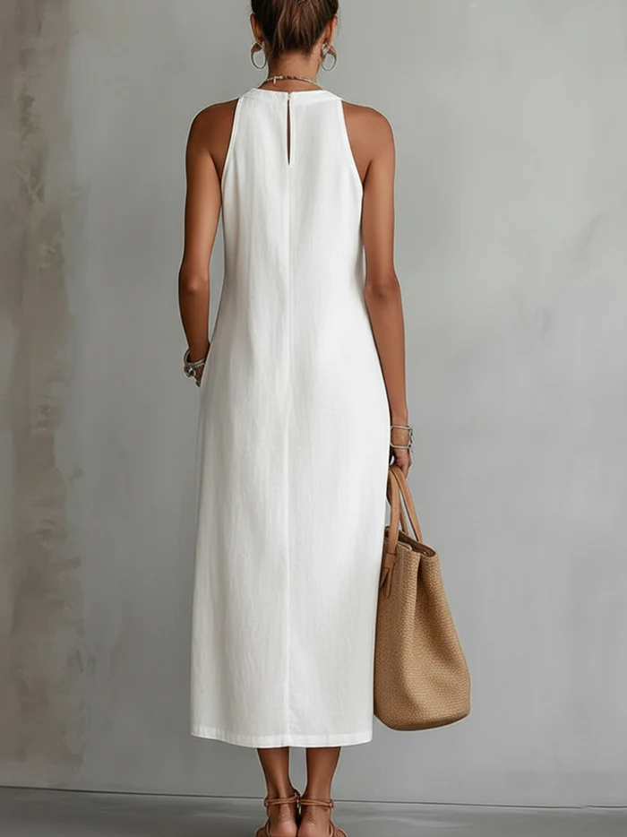 BIANCA™ | Linen Midi Dress with Mandarin Collar