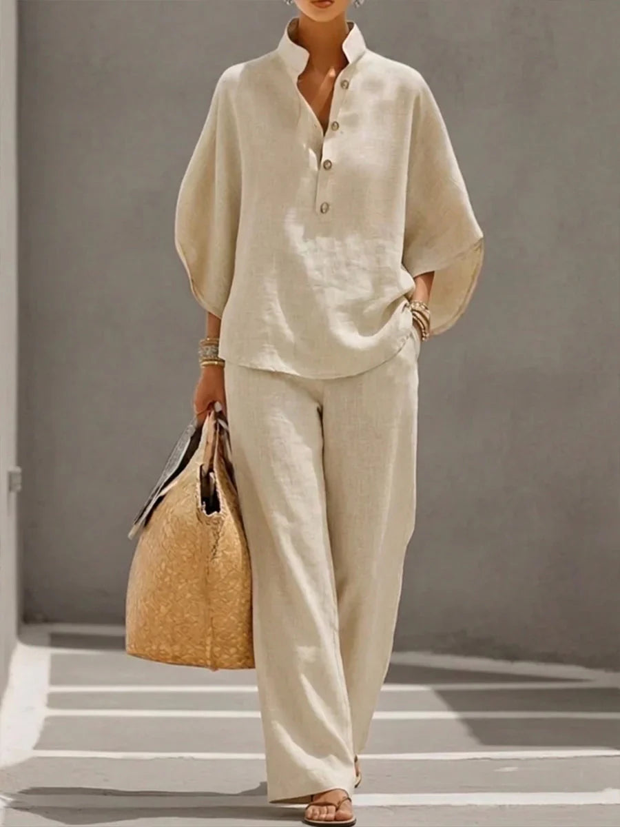 Maribel | Linen Batwing Sleeve & Wide-Leg Set
