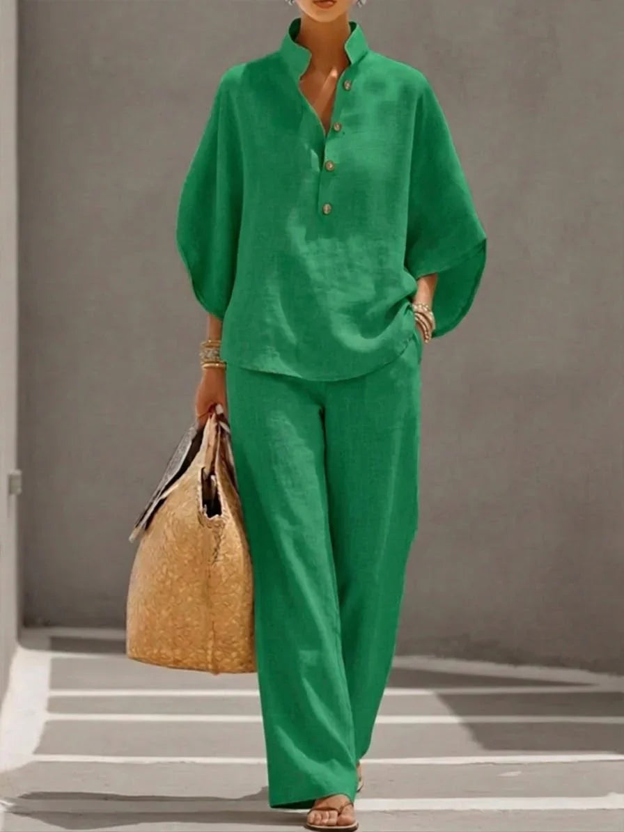 Maribel | Linen Batwing Sleeve & Wide-Leg Set